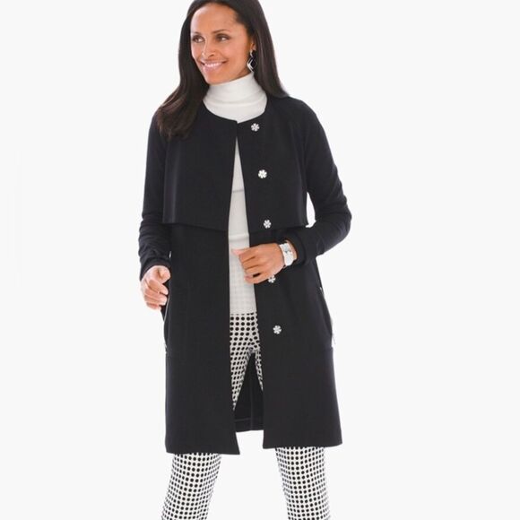 Chico’s Trench Topper long cardigan Jacket Black Plus 4/ XXL 20/22 Cottagecore - Picture 2 of 13